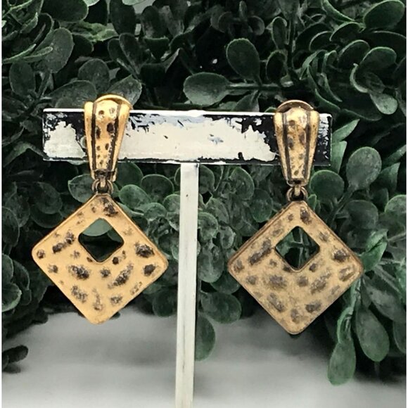 Vintage Hammered Square Brass Dangle Earrings With Cutout Design clip on by Prem - Picture 1 of 5